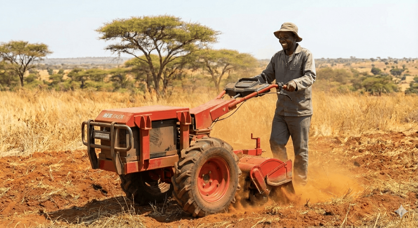 REB.OX 3.0 electric power tiller during field testing in Africa