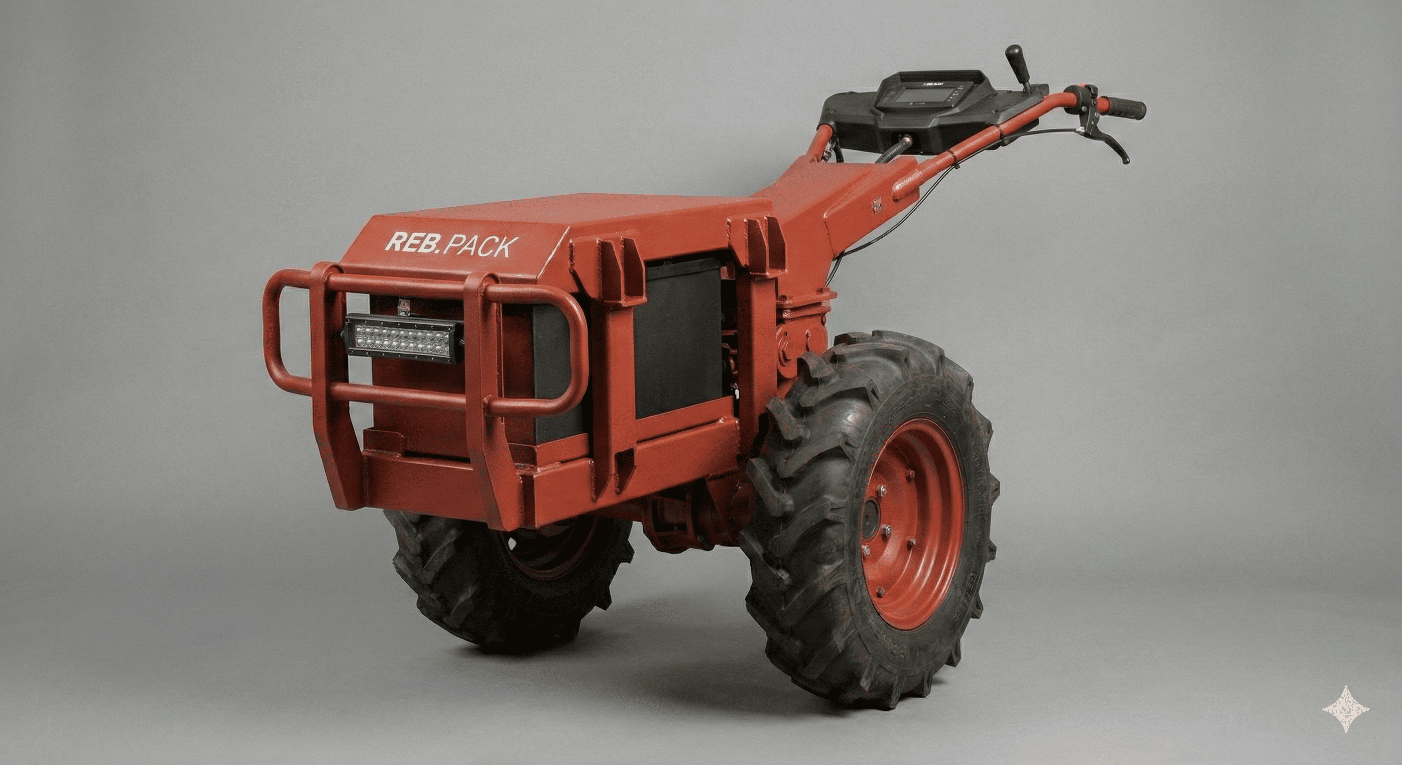 REB.OX 3.0 electric two-wheel tractor — studio view of modular frame design