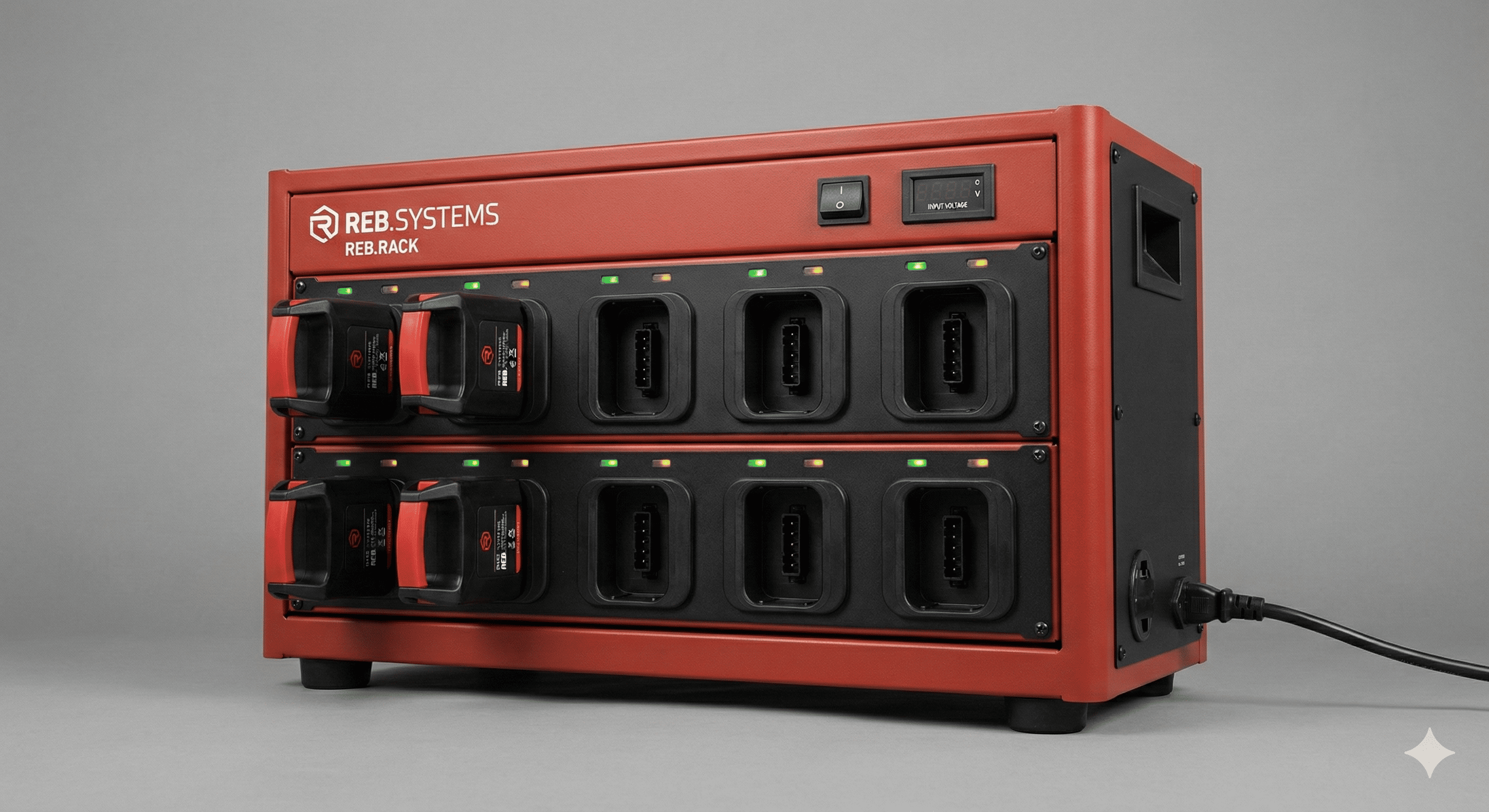 REB.RACK — multi-slot charging and energy hub with bi-directional inverter